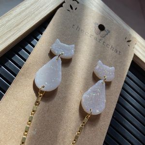 Iridescent white polymer clay cat earrings